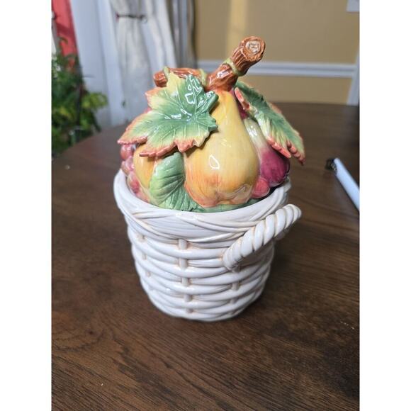 Fitz & Floyd Basket Weave Cookie Jar / Canister - Apple Plums Pear Grape 9 X 7 - Picture 10 of 16